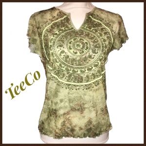 TeeCo Semi Sheer Green Beaded Tee Size M